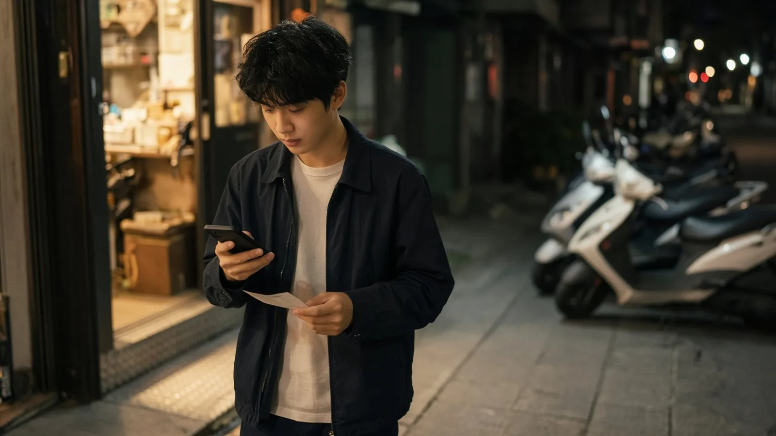夜晚的台北街頭,一名年輕人在亮著暖黃燈光的小店門口,一手拿著手機、一手拿著一張小紙條,路邊停著機車