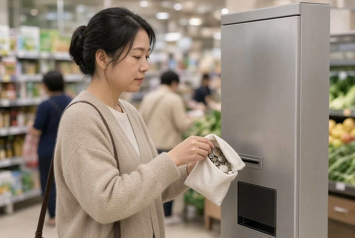 女子在超市自助服務區把布袋中的零錢倒入零錢存款機投幣口