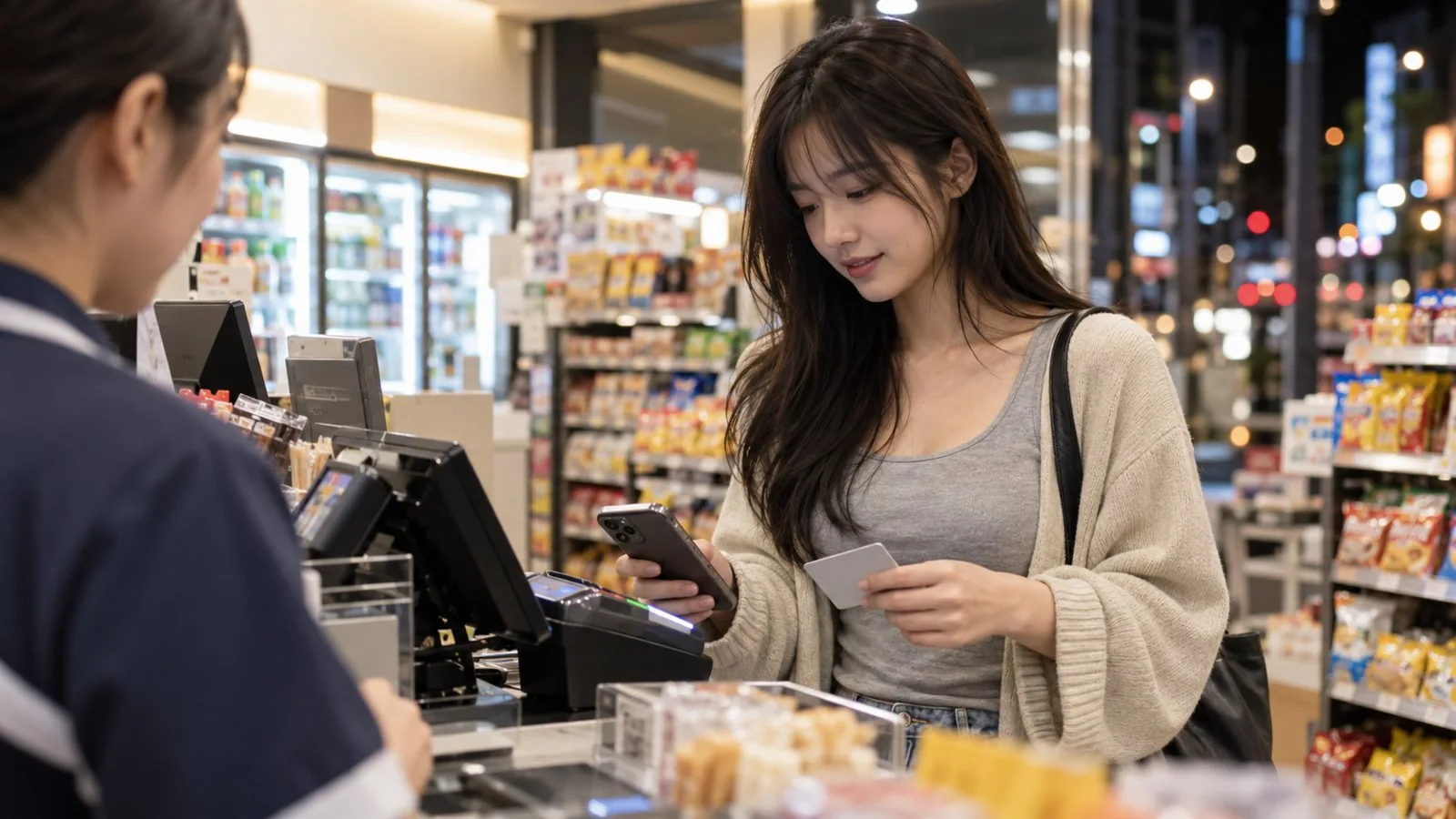 一名女子在便利商店櫃檯以手機付款,另一手拿著未印卡號的信用卡