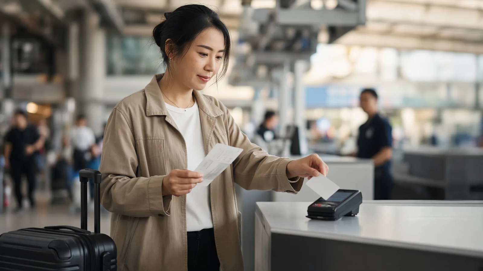 旅客在桃園機場報到櫃檯一手拿登機證、一手以信用卡感應刷卡機的畫面