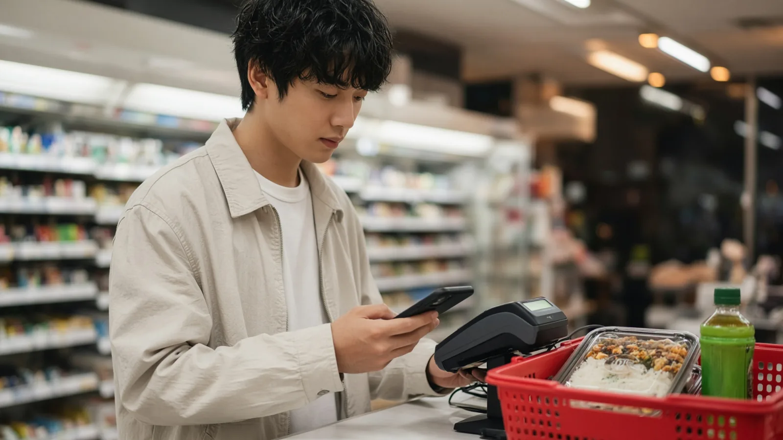 台灣旅客在日本便利商店櫃檯用 iPhone 感應刷卡機付款，桌上放著便當與瓶裝茶
