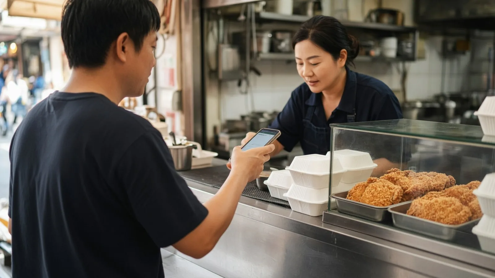 台灣小吃店櫃檯前,男客人把手機遞給店員用行動支付結帳,玻璃櫃裡放著剛炸好的排骨,旁邊堆著白色餐盒,午後自然光、淺景深