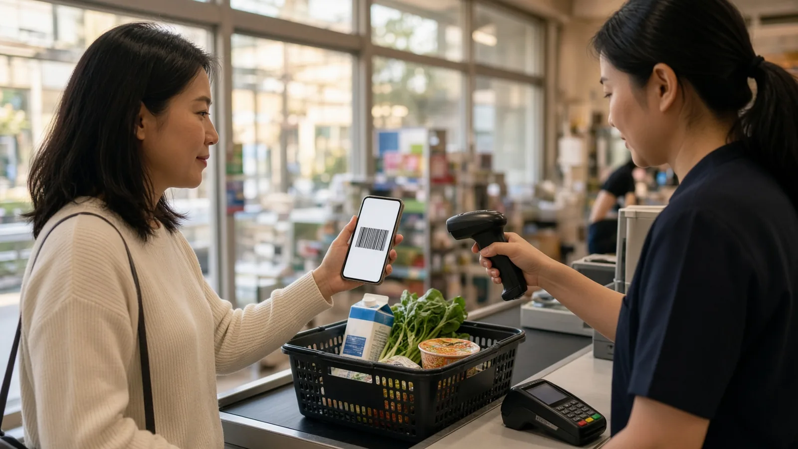 台灣超市結帳櫃檯,女性以手機出示行動支付條碼給店員掃描,購物籃裡放著牛奶與青菜