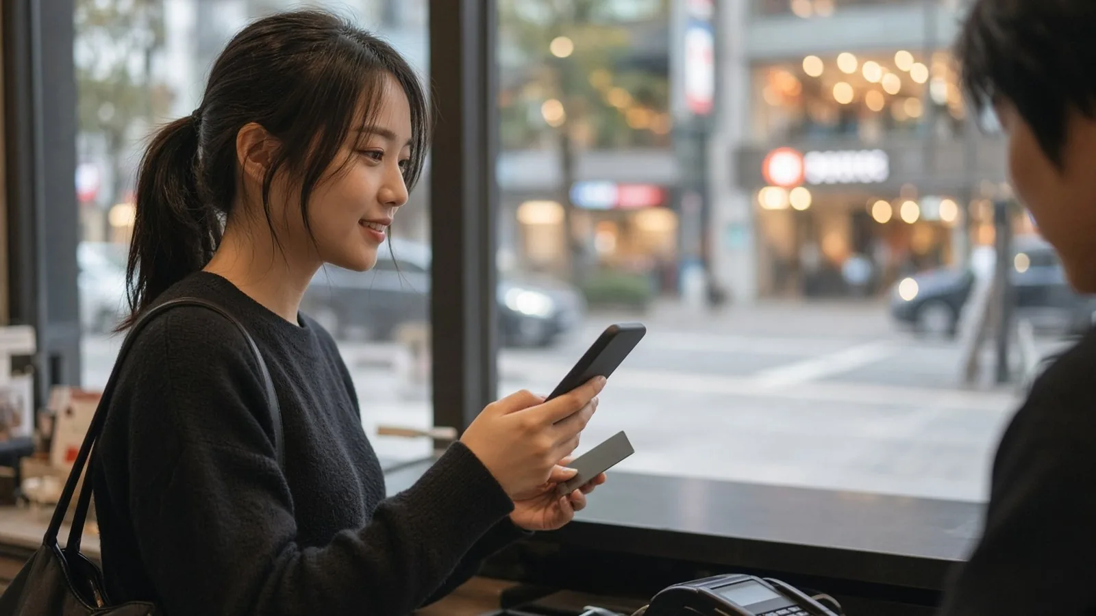 台灣女性在便利商店櫃檯以手機行動支付結帳,另一手拿著實體信用卡,玻璃窗外是台北街景