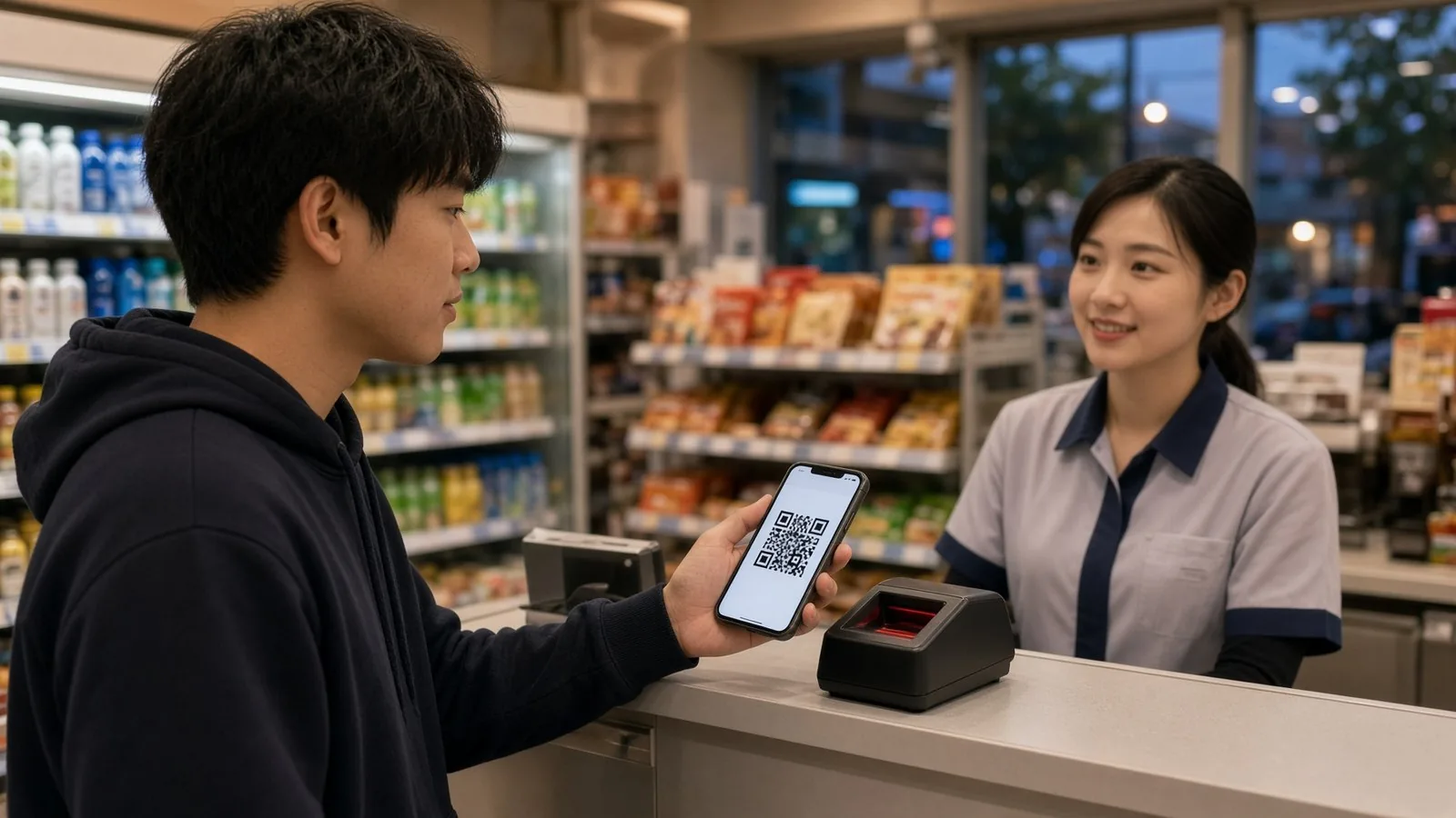 年輕男性在便利商店櫃檯以手機掃碼付款,店員微笑結帳的日常消費場景