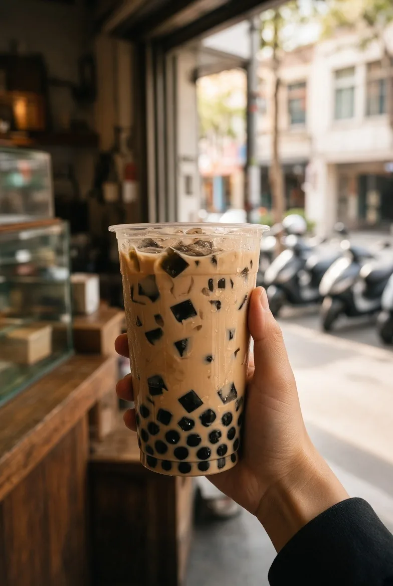 台灣手搖飲店櫃檯前，一隻手拿著裝滿冰塊與深綠色草仔粿配料的冰奶茶，背景是午後陽光下停著機車的街景